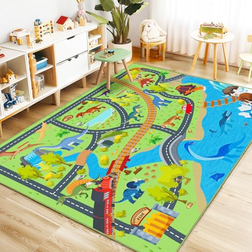 Rezutan Teppich Kinderzimmer, Dino Spielteppich Kinder für Junge,Waschbar & rutschfest Kinderteppiche für Spielzimmer, Kinderzimmer, Schlafzimmer, Klassenzimmer, 200X230cm