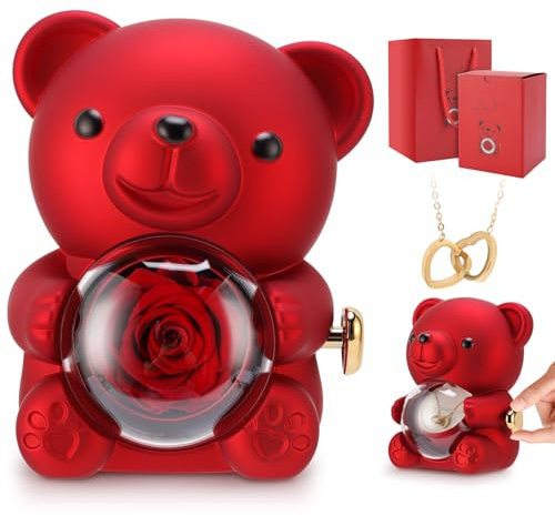 Gugxiom Ewige Rosen Teddybär Geschenkbox mit Halskette, Teddy Rosen mit Versteckte Schmuckkästchen, Rosenbär Geschenke für Weihnachten, Valentinstag, Muttertag, Hochzeit, Jahrestag (Rot)
