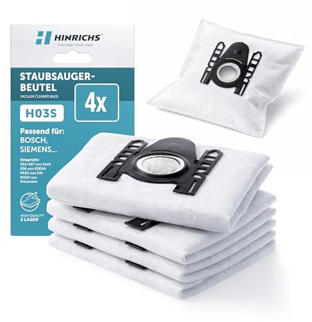 Hinrichs Staubsaugerbeutel 4er Pack kompatibel mit Bosch und Siemens, H03S Ersatz für Swirl S62/S67, EDEKA E06, DM PR30 und Rossmann RO20, 3-lagig mit Hygieneverschluss
