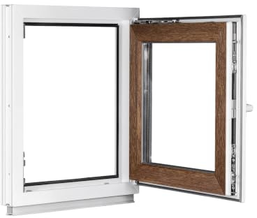 Framex Ventana de Sótano Interior Blanco/Exterior Roble Dorado, Doble Acristalamiento, 80 x 90 cm DIN Izquierda, Ventana de PVC Oscilobatiente 800 x 900 mm, Ventana de Garaje.