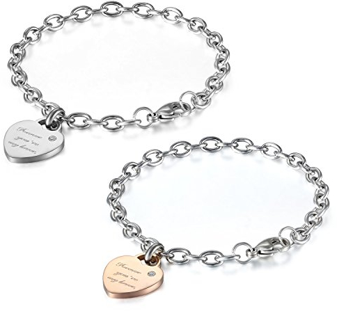 JewelryWe Schmuck 2pcs Damen Armband Edelstahl Elegant Forever You're My Lover Gravur Herz Rolo Kette Charm Charme Armreif Armkette Geschenk Silber Rose Gold