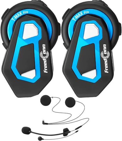 FreedConn 2*T-Max Pro Intercom Moto Casque Bluetooth 5.0 avec Partage De Musique, Radio FM, 6 Motards Communication Systèmes de Réduction du Bruit et Kit Main Libre Moto avec Portée 1200M