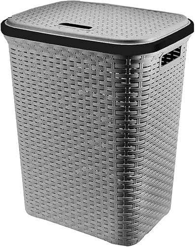 Laundry Bin Plastic Laundry Hamper Basket with Lid Washing Dirty Clothes Organizer Washing Bin Rattan Style (Grey)