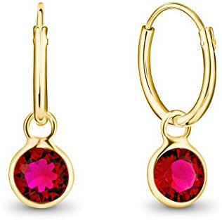DTPsilver® KLEINE Creolen Ohrringe 925 Sterling Silber Gelb Vergoldet mit Swarovski® Elements Kristall Rund - Mädchen - Dicke 1.5 mm - Durchmesser 14 mm - Farbe : Rubin