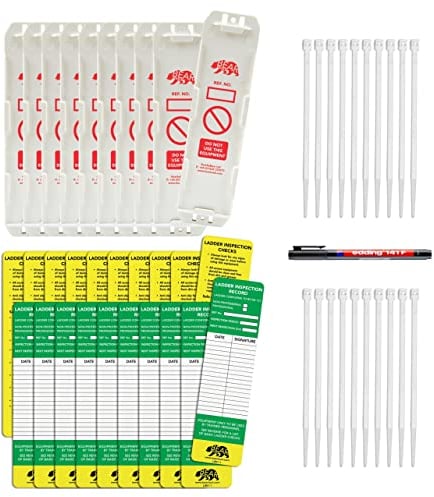 BearTOOLS® Ladder Tags | Weatherproof Inspection Record Kit | for Ladder Safety, All Step Sizes | Complete with Cable Ties (10 Holder, 20 Tags, Marker)
