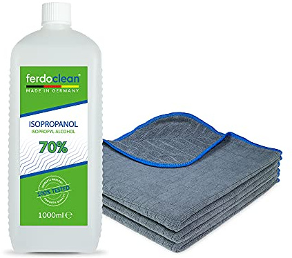 ferdoclean® 1000ml Isopropanol 70% + 3 x Mikrofasertücher (40 x 40 cm) 380 GSM Saugstark | 1l IPA Alkohol Reiniger für Haushalt, Auto | Fettentferner Reinigungsmittel | Microfasertuch blau/anthrazit