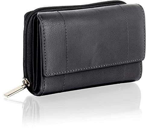 Woodland Leather Porte-Monnaie Femme, Petit Porte-Monnaie Protégé RFID en Cuir Véritable avec Poches Zippées pour Cartes et Pièces, Noir