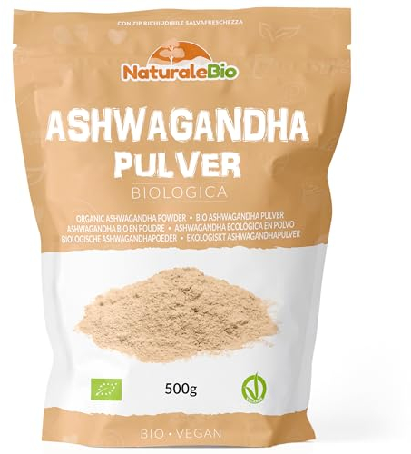 NaturaleBio Ashwagandha Biologica in Polvere 500g. Ginseng Indiano. 100% Naturale e Pura, Prodotto in India dalla Radice di Withania somnifera Bio