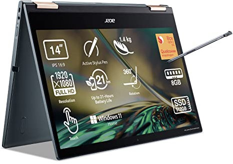 Acer Spin 7 SP714-61NA-S79F - Ordenador Portátil Convertible 14 FullHD (Qualcomm Kryo 495, 8GB RAM, 512GB SSD, Qualcomm Adreno 685, Windows 11 Home) Azul - Teclado QWERTY Español