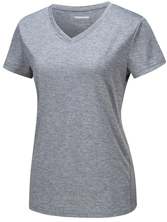MAGCOMSEN Damen Sport T-Shirts Atmungsaktiv Sommer Laufshirt mit V-Ausschnitt Leichte Funktionsshirt für Wandern Trainingsshirt Kurzarm Yoga Shirts Hellgrau L