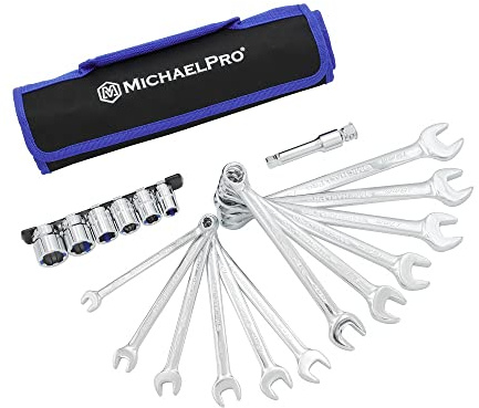 MichaelPro MP001211 18-teiliges Bolzenausdreher-Ringschlüssel und Polstergriff-Steckschlüssel-Set (metrisch), gestreift, dünne Bolzen- und Mutternentferner