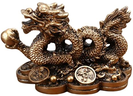 ERINGOGO 1 Stück Chinesische Feng Shui- Drachen- Figur Statue Reichtum Wohlstand Harz Drachen- Skulptur mit Glücksbringer Alte Münzen,