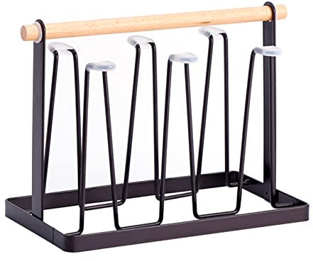 Bottle Drying Rack, Metal 6 Cup Mug Holder Cup Drying Rack Stand Metal Drainer Holder Rack Drinking Glass and Sports Bottle Drainer Stand with Wood Handle(Black)