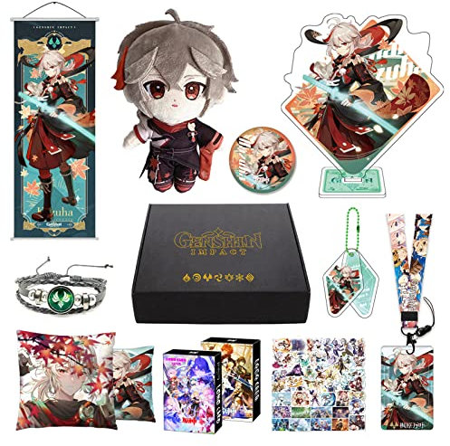 MOTAO Genshin Impact Box Kazuha Merch Set - Puppe, Poster, Kissenbezug, Standfigur, Armband, Abzeichen, Schlüsselanhänger, Kartenhülle, 30 Lomo Karten, 50 Aufkleber (Kazuha)