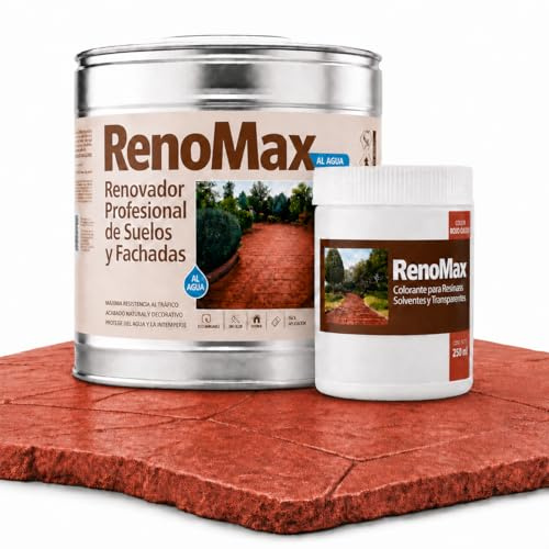 Renomax - Resina Hormigon Impreso y Superficies Porosas Al Agua + Tinte Hormigon Impreso Rojo Óxido, 15L Cubre hasta 150m² | Repara y Protege Suelos,Fachadas | Fácil de Aplicar, Garantía 5 Años