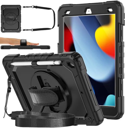 DAORANGE Custodia Cover per iPad 9a / 8a / 7a Generazione (iPad 10,2” 2021/2020/2019), Custodia Antiurto con Pellicola Protettiva, Supporto Girevole a 360°, Cinturino a Mano e Tracolla (Nero)