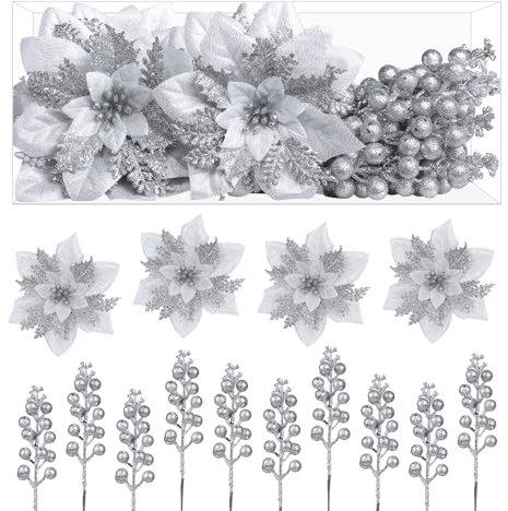 Alupssuc 24pcs Flores Arbol Navidad, Caja 12pcs Flores de Navidad + 12pcs Holly Berry Tallo para Decoracion de Navidad Guirnalda, Adornos Arbol Navidad, Navidad Decoración Casa, Plateado