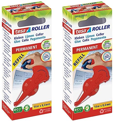tesa® Kleberoller permanent Nachfüllkassette, 14 m x 8.4 mm, Rötlicher Klebstreifen, 2x14m (Packung mit 2)
