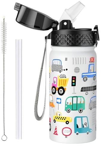 OLDLEY 420ml/14oz Kids Stainless Steel Insulated Water Bottle with Straw for School Reusable Metal Vacuum Small Flask Leakproof Keep Drinks Hot Cold for Boys Girls Toddlers Children (Car, 420ml)