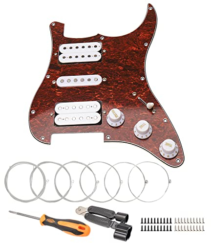 Unxuey Vorverdrahtete Schlagbrett Platte mit 11 Löchern, mit Weißen HSH Tonabnehmerteilen für Fender Strat Gitarre, mit Gitarrensaiten und Installationswerkzeug