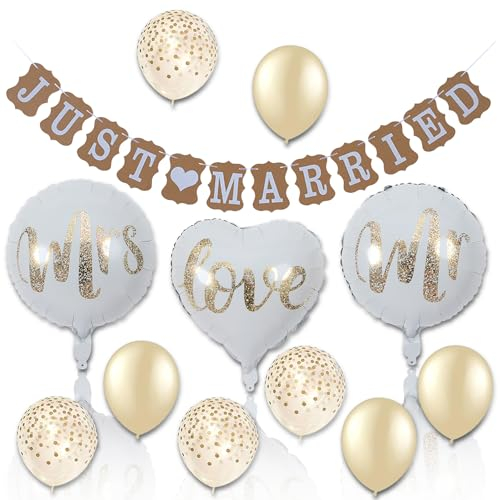 Just Married Deko Hochzeitsdeko Set, 24 Stück Weiße Luftballons Hochzeit Hochzeitsfiguren Heliumballons für Vintage Tischdeko Rustikal Party und Brautdusche