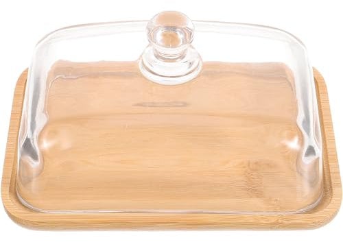 Cabilock Wood Butter Tray with Glass Dome Cover, Transparent Lid Square Cake Server Cheese Board Stand, Food Display Plate Dessert Serving Platter for Wedding Party Supplies