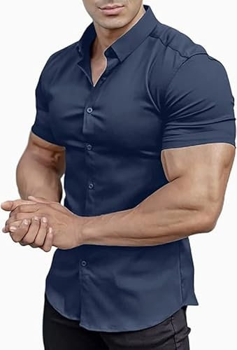 EOUOSS Men's Adult Muscle Fit Dress Shirts Stretch Athletic Slim Fit Short Sleeve Casual Button Down Shirt, Navy Blue, XL