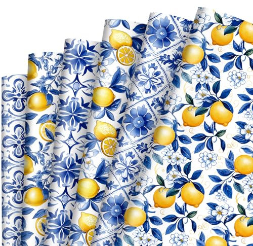 JarThenaAMCS Geschenkpapier, 12 Blatt, Chinoiserie-Zitronen-Geschenkpapier, keine Rolle, Aquarell-blaue Fliesen, Zitronen-Geschenkpapier, flach gefaltet, Kunstpapier für Bastelarbeiten,