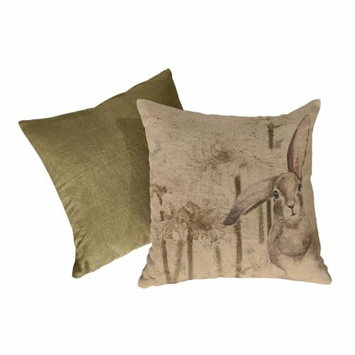 Loberon Kissenhülle 2er Set Milda, Ostermotiv mit Hase & Osterglocke, Ostern, Osterdekoration, Wohntextilien, Kissenbezug, Leinen, Baumwolle, grün/Creme