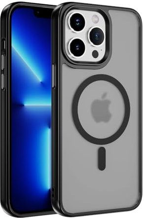 LBH Handyhülle magnetisch für iPhone 14 Pro Max kompatibel mit MagSafe kabelloses Laden Sturzschutz Design erhöhter Rand Kameraschutz Schutzhülle transparente Rückseite Schwarz