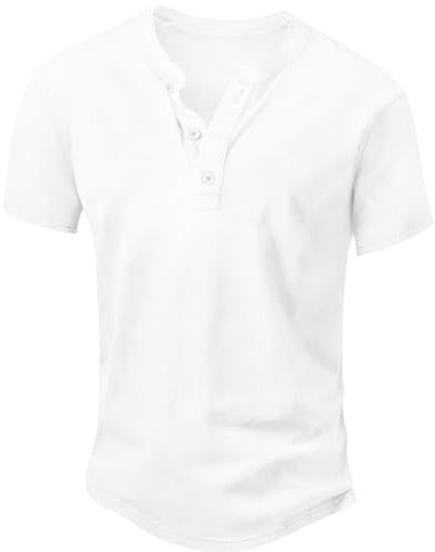 NITAGUT Men's Distressed Henley Shirts Vintage Short Sleeve T-Shirts Washed Cotton Casual V-Neck Button Tee Shirts,White,M