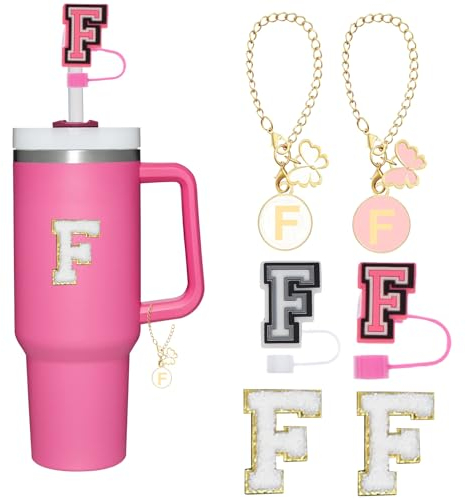 Reusable Straw Cover for Stanley Cup Accessories, 2Pcs Dustproof Straw Covers with Letter Charms and Personalized Name Stickers(F)