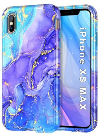 CASEFIV Compatible with iPhone Xs Max Case,Marble Pattern 3 in 1 Heavy Duty Shockproof Full Body Rugged Hard PC+Soft Silicone Drop Protective Women Girls Cover for iPhone Xs Max, Blue Purple