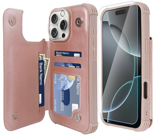 VANAVAGY Compatible for iPhone 16 Pro Max Wallet Casewith Credit Card Holder,Rfid Leather Flip Folio Cover Fits Magnetic Car Mount and Stand with Screen Camera Protector,Rose Gold