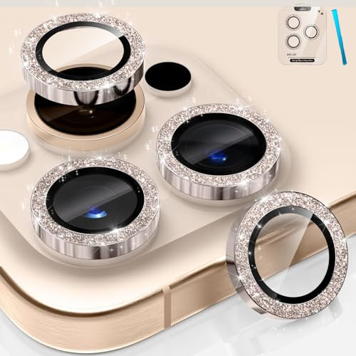 CloudValley Copertura per fotocamera Bling per iPhone 16 Pro e iPhone 16 Pro Max, [Decorazione glitterata] Protettive In Vetro Temperato, Accessori 9H Anti-Graffio HD Chiaro,Deserto Titanio