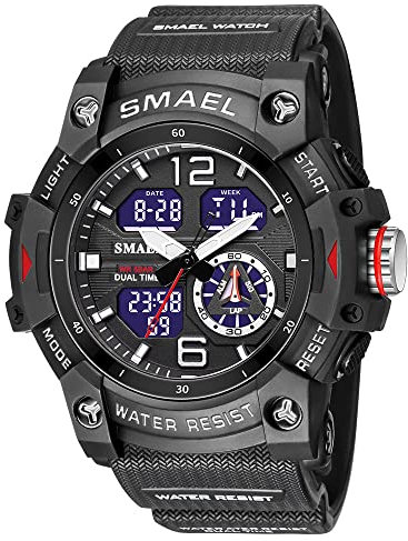 Men's Large Face Outdoor Sports Watches Military S-Shock Watch Waterproof, Backlight, Alarm, Stopwatch Features - Rugged Wristwatch for Training, Hiking and Adventure (Black)