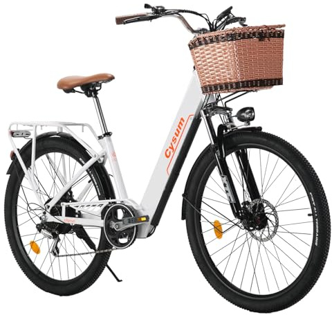 Bicicleta Eléctrica Dama, Electrica Bicicleta Urbana Adulto, 26 Pulgadas City E-Bike Hombres Y Mujeres, 250w Electric Bike Con Cesta Y Portaequipajes, Li-Batería 36v 360wh Duración 70-90km (Blanco)