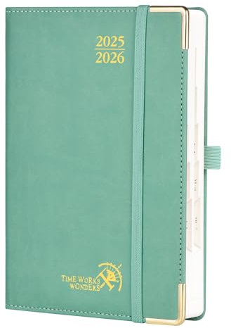 POPRUN Tagesplaner 2025 2026 A5 Hardcover 21,5 x 14,5 cm (Aug.2025-Jul.2026), Tageskalender 1 Tag 1 Seite (Montag - Sonntag) mit PU-Leder, Monatliche Registerkarten - Mitternachtsgrün