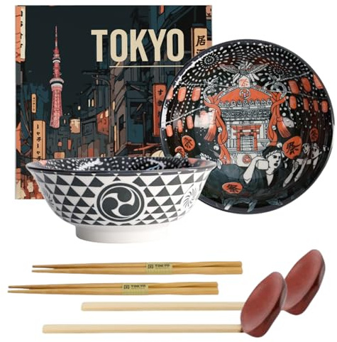 TOKYO Design Asakusa Matsuri Schalen 2er Set | Japanisches Porzellan | Suppenschalen Ø 20.3 cm, 8 cm, 1200 ml | Geschenkset inkl. Essstäbchen & Holzlöffel | Made in Japan | Für Ramen, Nudeln & Suppen
