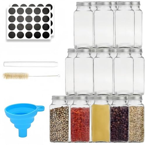 MEETOZ Glass Spice Jars with Spice Labels, 4oz Square Empty Spice Bottles, Equipped with Shaker Lids and Airtight Metal Caps, Ideal for Organizing Spices and Seasoning Sets (24 Pcs)