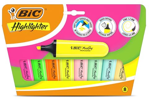 BIC Marking Textmarker Flach Textmarker 8 Stück Kunststoff Textmarker Stift mit sortierten Pastell & Neon Ink Textmarker Stifte für glatte Noten Präzise Highlights Ideal für Schule und Büro