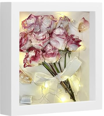 3D Bilderrahmen Zum Befüllen, Bilderrahmen Tief Hölzern Bis 3cm, Tiefer Bilderrahmen Zum Befüllen für Objekte Blumen Hochzeitsgeschenk oder Erinnerungsstücke (Weiß, 22.8 x 22.8 cm)