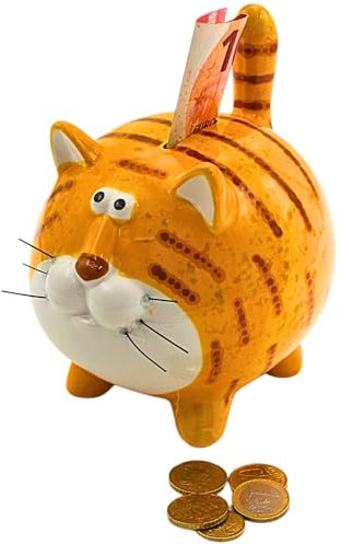 Spardose Katze, Katzenspardose, Kindersparbüchse Katze, Sparschwein Katze, Sparfigur, Kinderspardose, Spartier, Sparkatze, Dekokatze mit Sparfunktion aus Keramik in ockerfarben, L/B/H 12 x 14 x 17 cm.