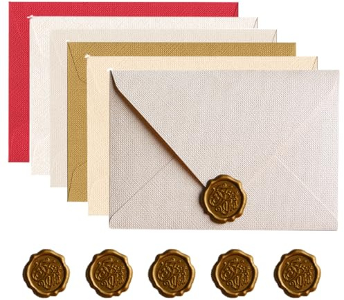 NHQZ 6er-Pack Briefumschläge aus Leinen in 6 Farben (6 Umschläge + 6 Stempel mit Feuerfarbe) aus Papier mit Wasserzeichen für Einladungen, Verlobungen, Taufen, Geburtstage, Hochzeitsjubiläen