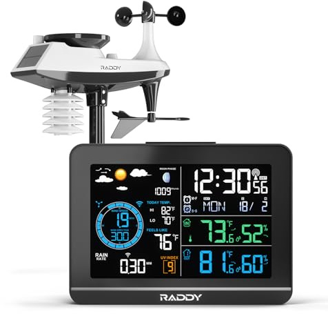 Raddy UV-6 Professional Weather Station with 6 VA Display and Outdoor Sensor, Wireless Indoor Outdoor Temperature & Humidity Monitor, Atomic Clock, UV & Light Index, Wind Speed, Rain Gauge