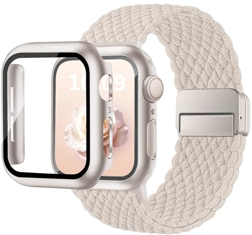 BBAMEN Intrecciato Cinturini e Cover Con Vetro Temperato Compatibile per Apple Watch Cinturino Series 9/8/7 45mm Uomo Donna, Nylon Sport Loop Chiusura Magnetica Cinturino Con HD Custodia Protettiva