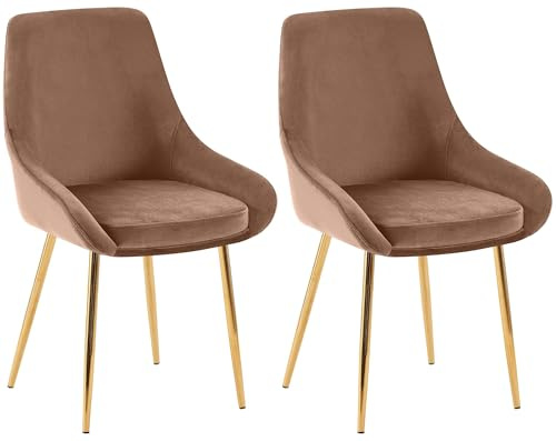 CLP Esszimmerstühle 2er Set ergonomisch Elmira, gepolster Sessel mit Armlehne, Stabiler Metallrahmen, pflegeleichter Samtbezug, modern, Farbe:braun, Material Gestell:Metall Gold