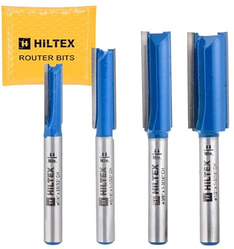 HILTEX 10101H Double-Flute Straight Cut Router Bit Set, 4 Pieces, 1/4 Inch Shank, CNC Woodworking Tool, 1/4 5/16 3/8 1/12 Cutting Diameter for Dado Grooving and Edge-Routing