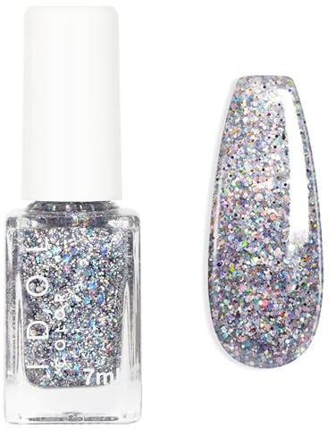 Glitter Nail Polish - 7ml Flash Shinny Silver Nail Varnish - Quick Drying & Long Lasting Nail Polish - No Need Baking & Easy to Apply Nail Varnish for Women