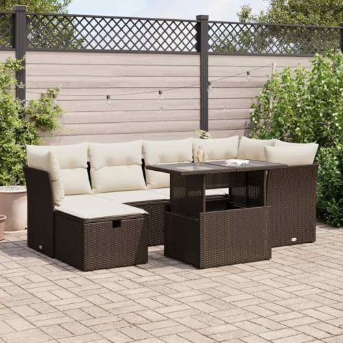 QJBSAVVA 7-TLG. Gartengarnitur Braun 100x55 cm Tisch, Eck- & Mittelsofa mit Stauraum, Poly Rattan Lounge Outdoor für Terrasse, Balkon und Garten